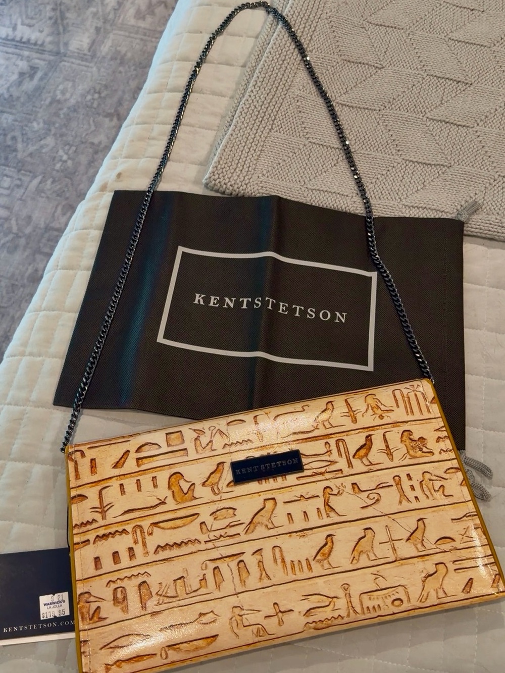 ⁠NWT Kent Stetson Hieroglyphic Coated Canvas Crossbody Clutch Bag w/Dustbag⁠